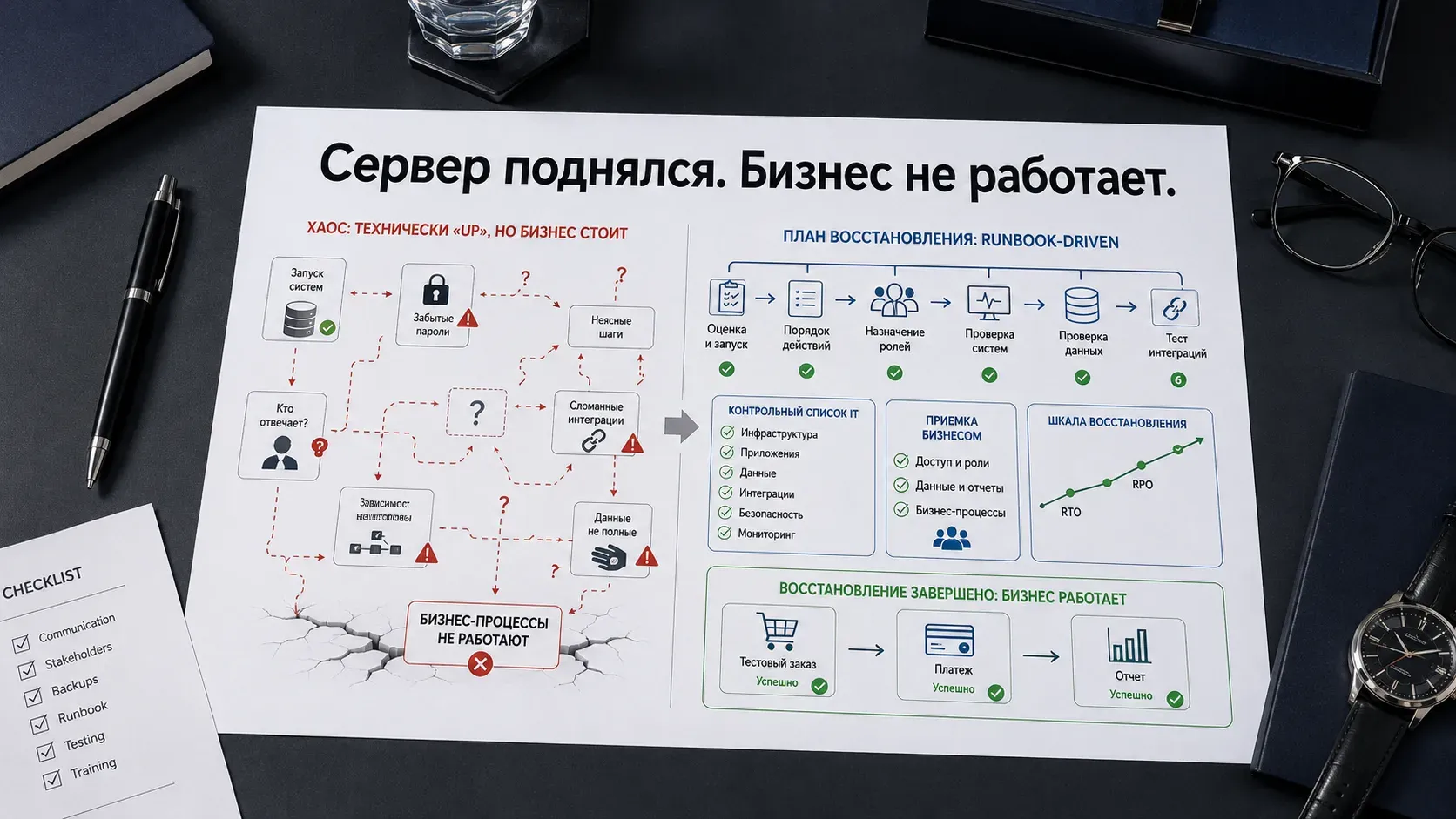Печатный план восстановления после сбоя на темном рабочем столе: слева хаотичные бэкапы, пароли и сломанные интеграции, справа управляемый runbook с ролями, проверками и бизнес-приёмкой.