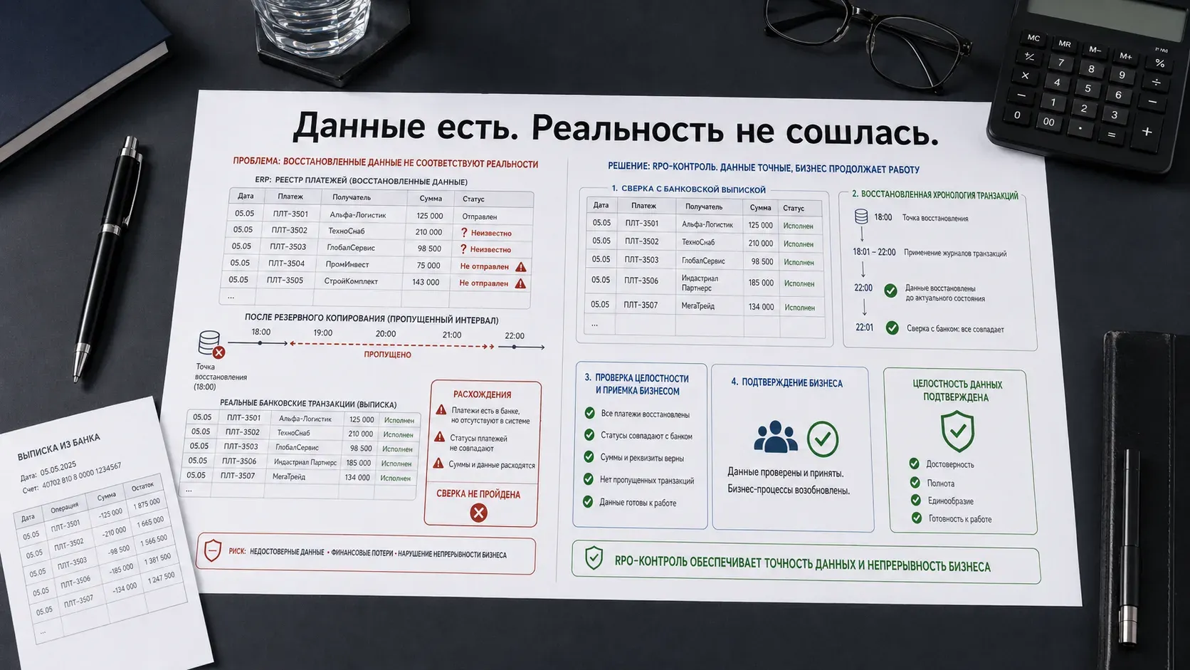 На темном рабочем столе лежит карта восстановления данных: слева ошибочные статусы исходящих платежей после бэкапа, справа сверка с банковской выпиской, RPO, тесты и бизнес-приёмка.