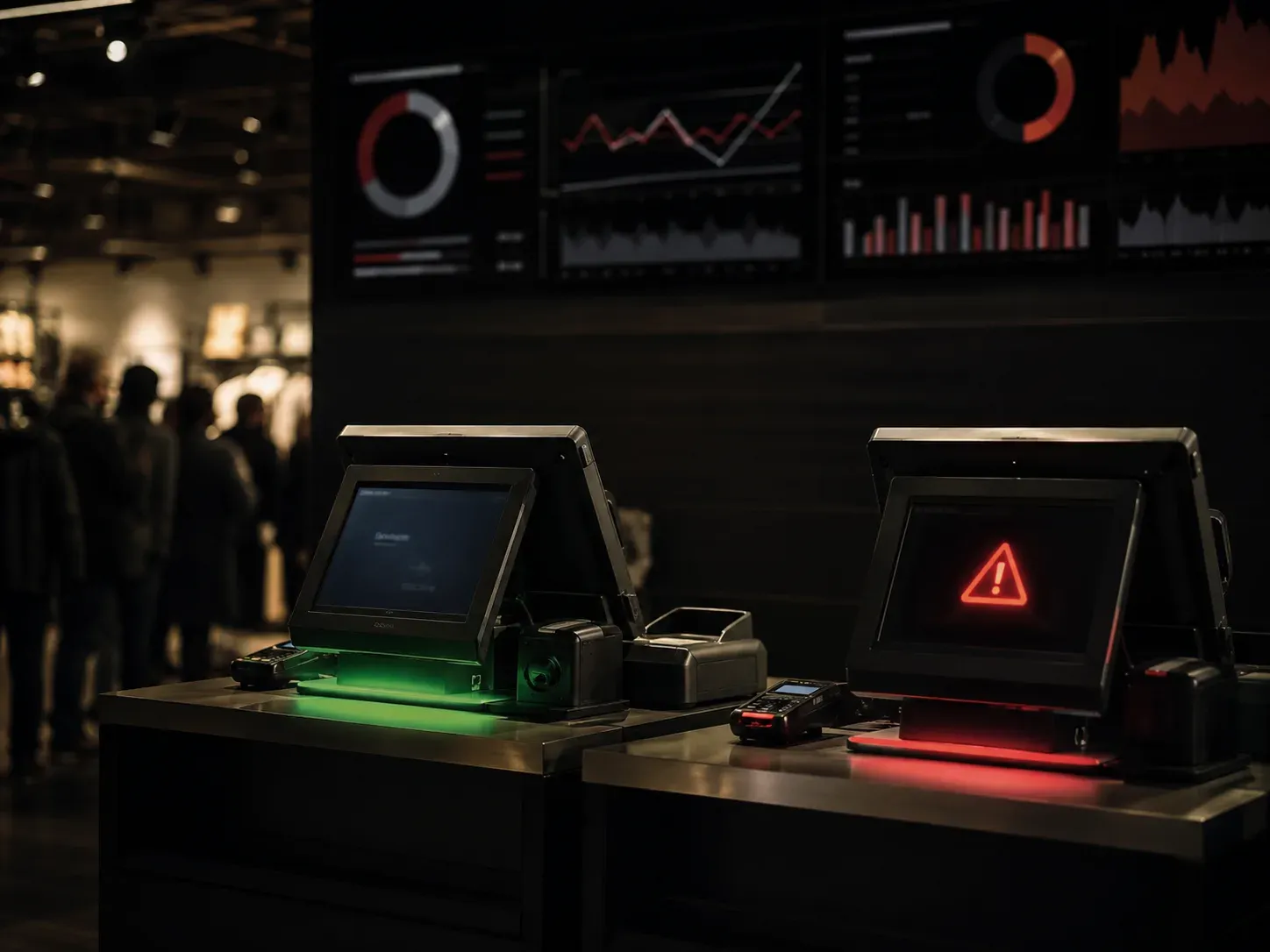 Кассовая зона магазина и экран service desk с аналитикой снижения кассовых инцидентов с 50 до 2 в месяц.
